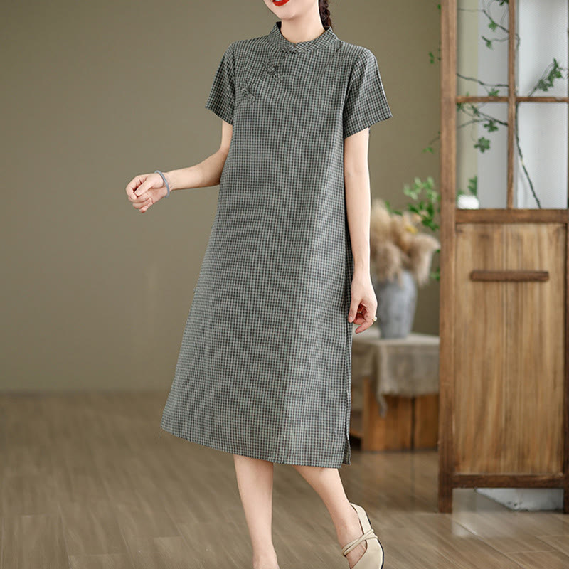 Nimara Ritual Plaid Short Sleeve Frog-Button Design Cotton Linen Improved Cheongsam Midi Dress