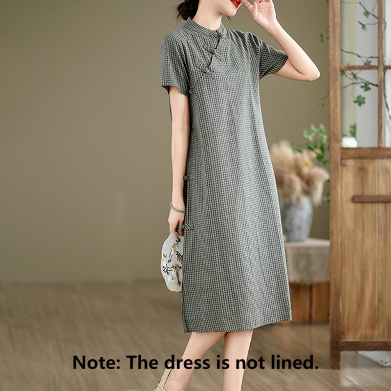Nimara Ritual Plaid Short Sleeve Frog-Button Design Cotton Linen Improved Cheongsam Midi Dress