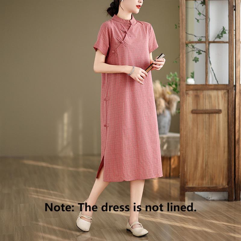 Nimara Ritual Plaid Short Sleeve Frog-Button Design Cotton Linen Improved Cheongsam Midi Dress