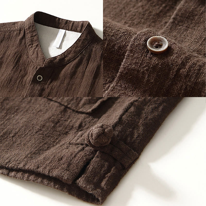 Nimara Ritual Solid Color Men's Buttons Long Sleeve Cotton Linen Shirt With Pockets
