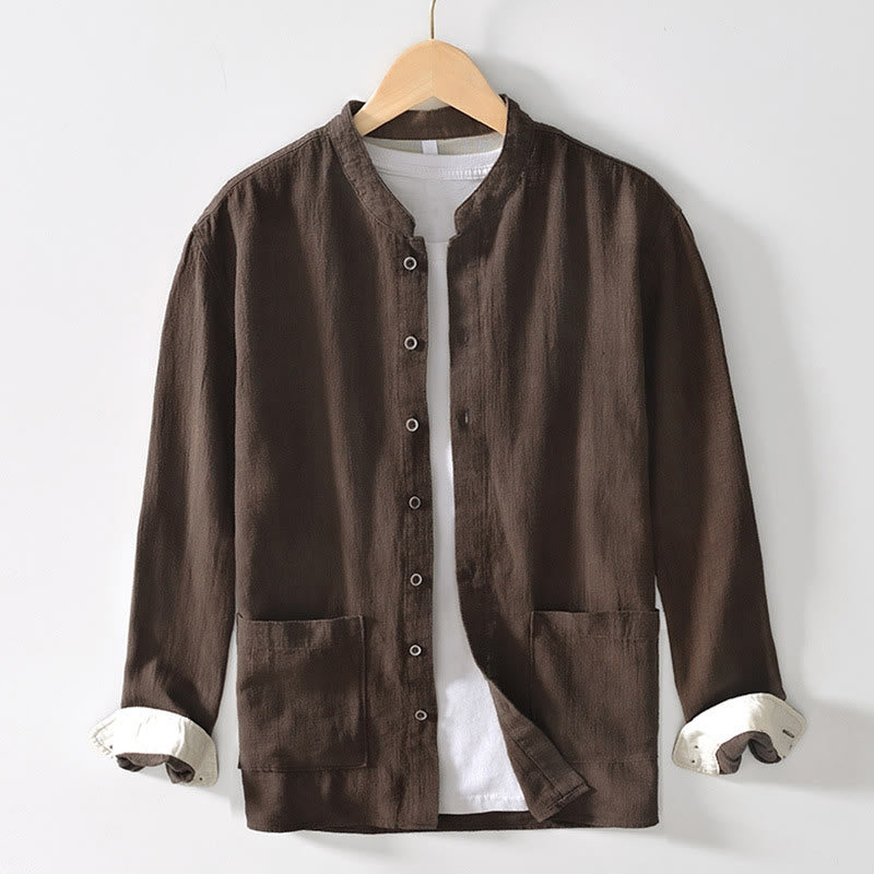 Nimara Ritual Solid Color Men's Buttons Long Sleeve Cotton Linen Shirt With Pockets