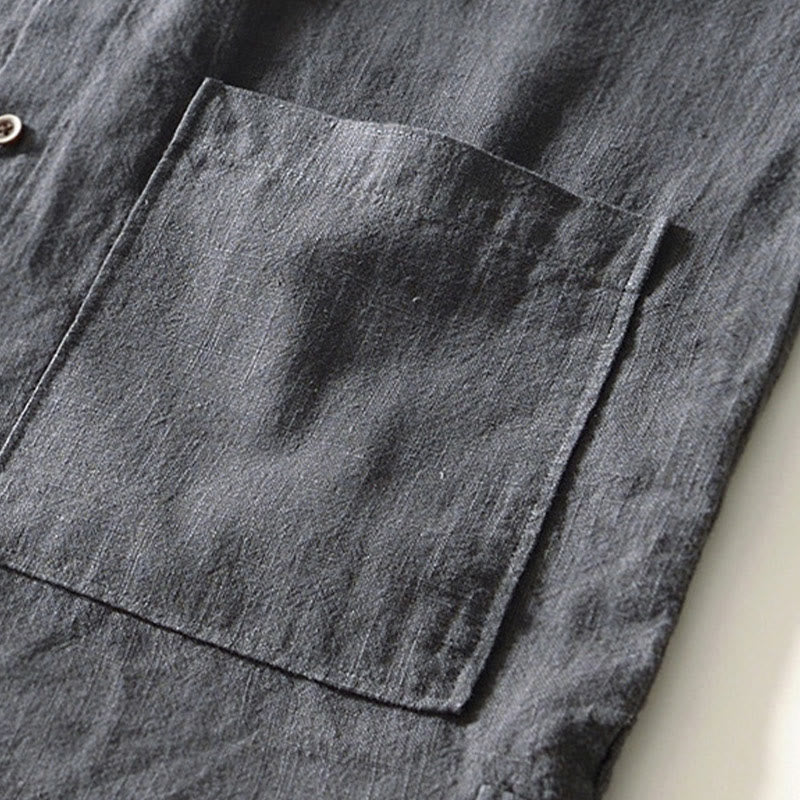 Nimara Ritual Solid Color Men's Buttons Long Sleeve Cotton Linen Shirt With Pockets