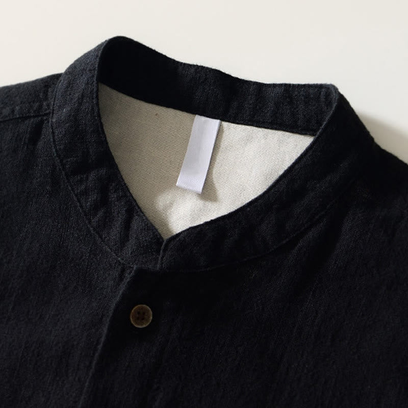 Nimara Ritual Solid Color Men's Buttons Long Sleeve Cotton Linen Shirt With Pockets