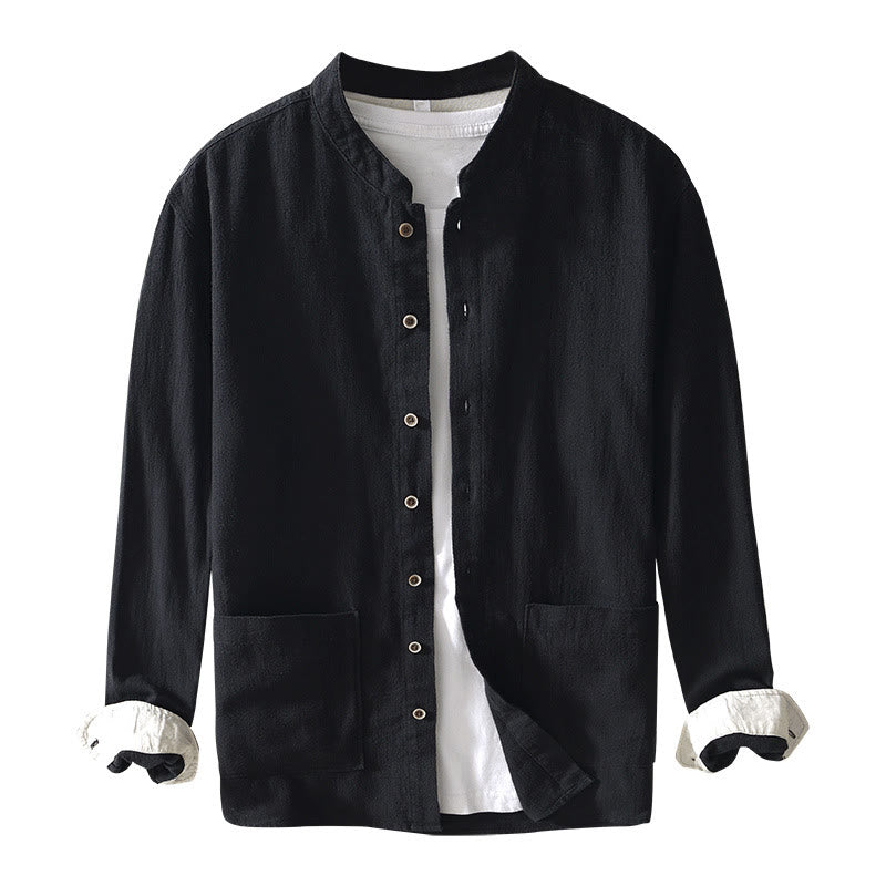 Nimara Ritual Solid Color Men's Buttons Long Sleeve Cotton Linen Shirt With Pockets