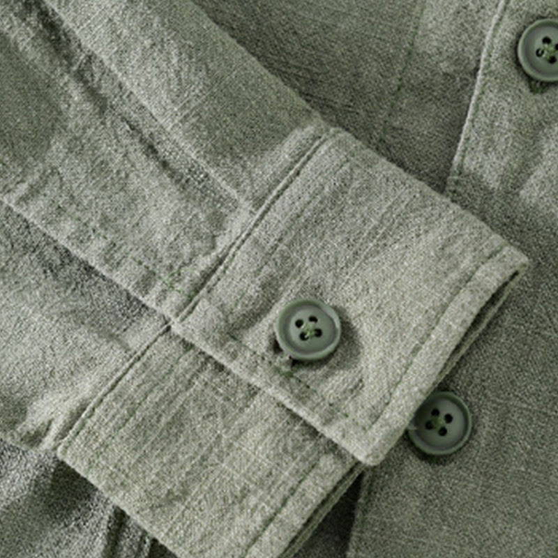 Nimara Ritual Commute Fall Solid Color Lapel Men's Long Sleeve Cotton Linen Shirt With Pocket