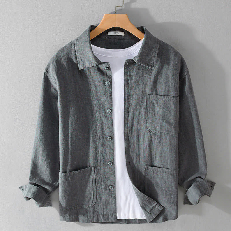Nimara Ritual Commute Fall Solid Color Lapel Men's Long Sleeve Cotton Linen Shirt With Pocket