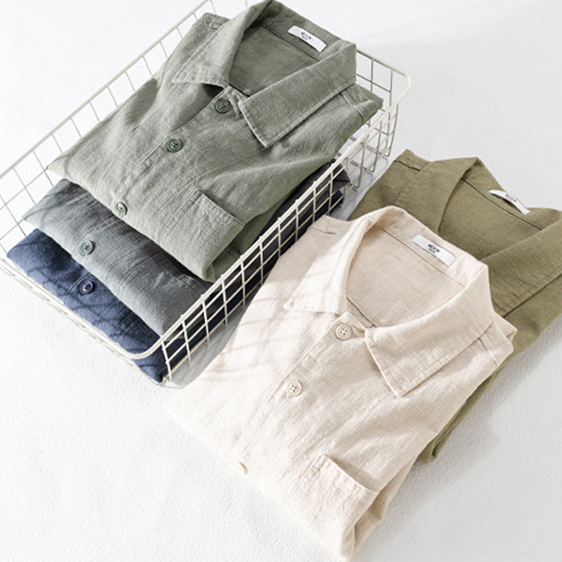 Nimara Ritual Commute Fall Solid Color Lapel Men's Long Sleeve Cotton Linen Shirt With Pocket