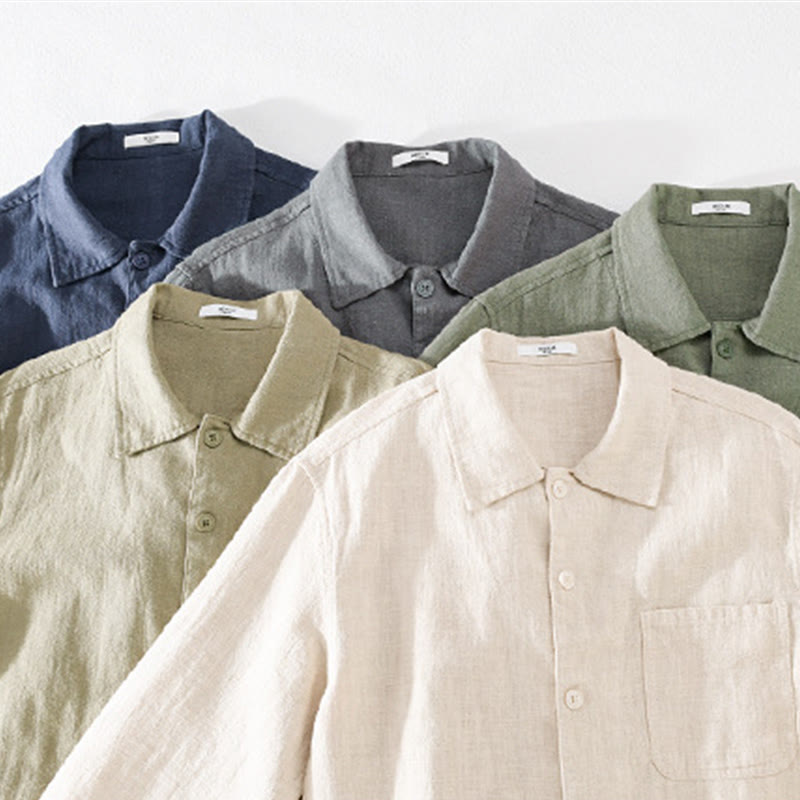 Nimara Ritual Commute Fall Solid Color Lapel Men's Long Sleeve Cotton Linen Shirt With Pocket