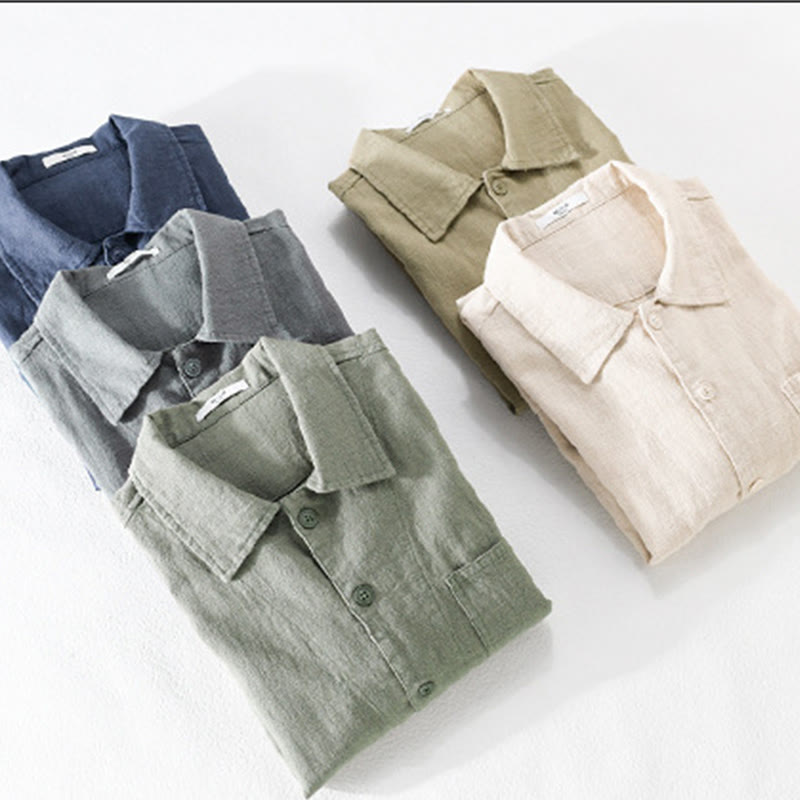 Nimara Ritual Commute Fall Solid Color Lapel Men's Long Sleeve Cotton Linen Shirt With Pocket