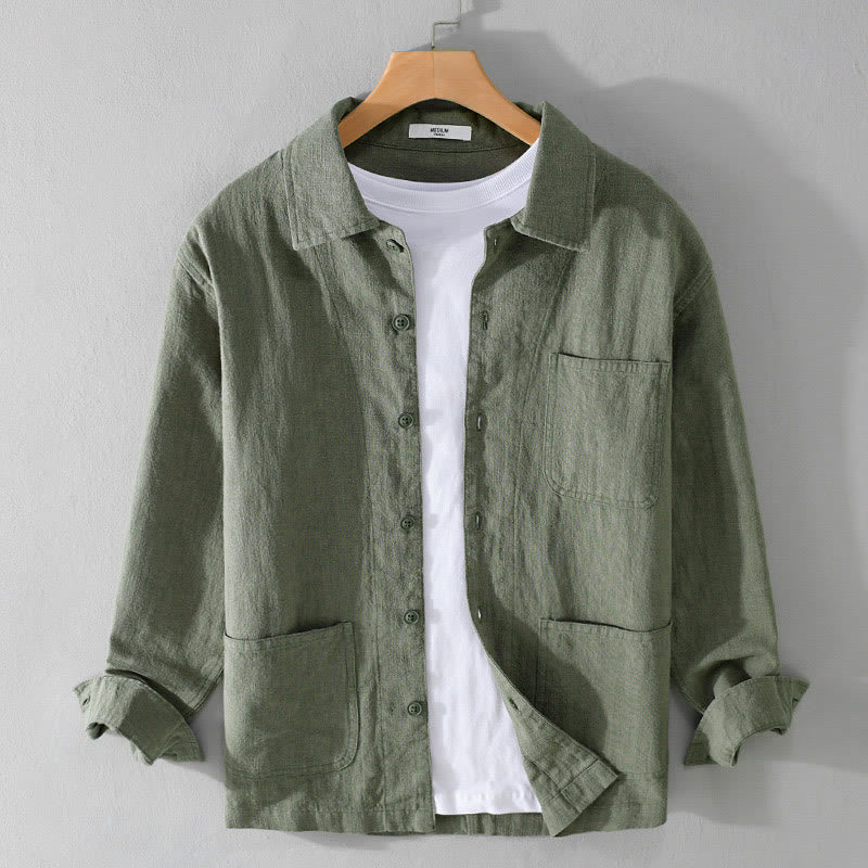Nimara Ritual Commute Fall Solid Color Lapel Men's Long Sleeve Cotton Linen Shirt With Pocket
