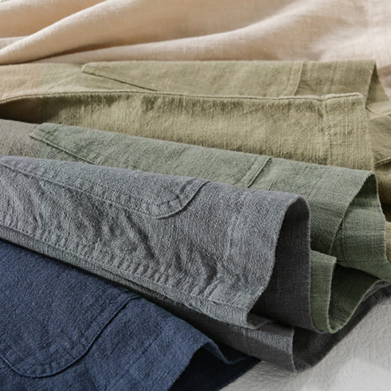 Nimara Ritual Commute Fall Solid Color Lapel Men's Long Sleeve Cotton Linen Shirt With Pocket