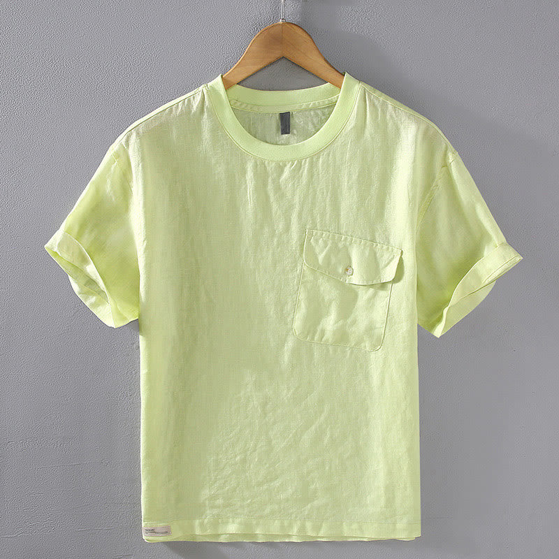 Nimara Ritual Crew Neck Simple Design Men's Short Sleeve Linen Shirt With Pocket