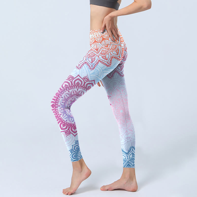Nimara Ritual Pink Blue Mandala Flower Print Gym Leggings Women's Yoga Pants