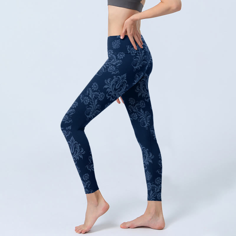 Nimara Ritual Blue Floral Leaf Print Gym Leggings Women's Yoga Pants