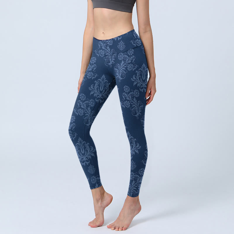 Nimara Ritual Blue Floral Leaf Print Gym Leggings Women's Yoga Pants