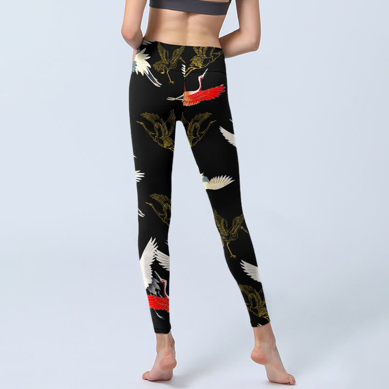 Nimara Ritual White Red Gold Cranes Print Gym Leggings Women's Yoga Pants