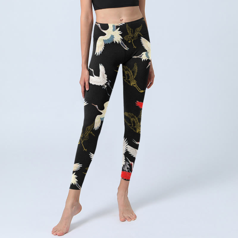 Nimara Ritual White Red Gold Cranes Print Gym Leggings Women's Yoga Pants