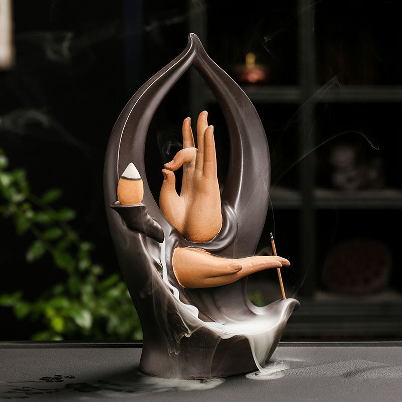 Nimara Ritual Stairs Mountains Water Buddha Hand Ceramic Backflow Smoke Fountain Meditation Incense Burner Decoration