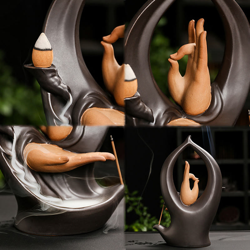 Nimara Ritual Stairs Mountains Water Buddha Hand Ceramic Backflow Smoke Fountain Meditation Incense Burner Decoration