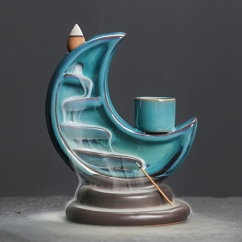 Nimara Ritual Blue Crescent Moon Ceramic Backflow Smoke Fountain Meditation Candlestick Incense Burner Decoration