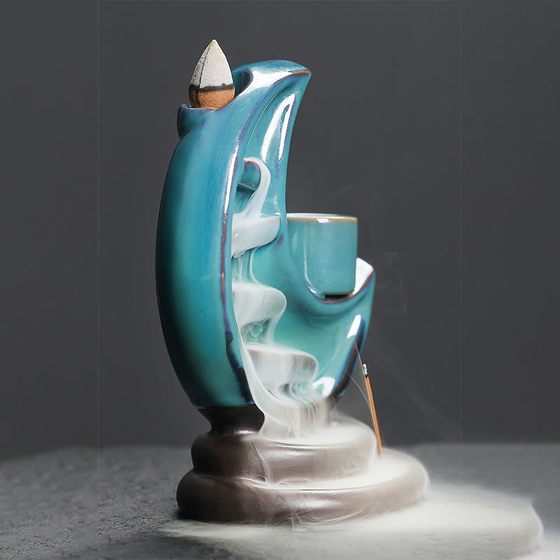 Nimara Ritual Blue Crescent Moon Ceramic Backflow Smoke Fountain Meditation Candlestick Incense Burner Decoration