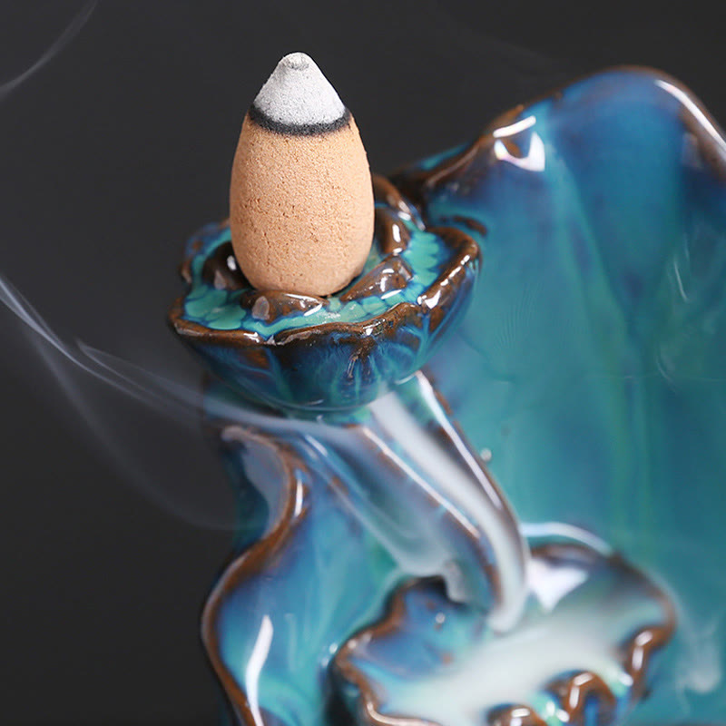 Nimara Ritual Blue Lotus Leaf Ceramic Backflow Smoke Fountain Spiritual Incense Burner Decoration