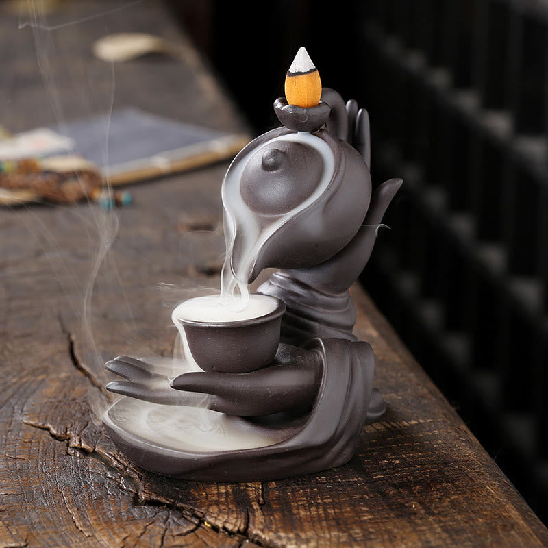 Nimara Ritual Buddha Hand Holding Teapot Cup Ceramic Backflow Smoke Fountain Healing Incense Burner Decoration