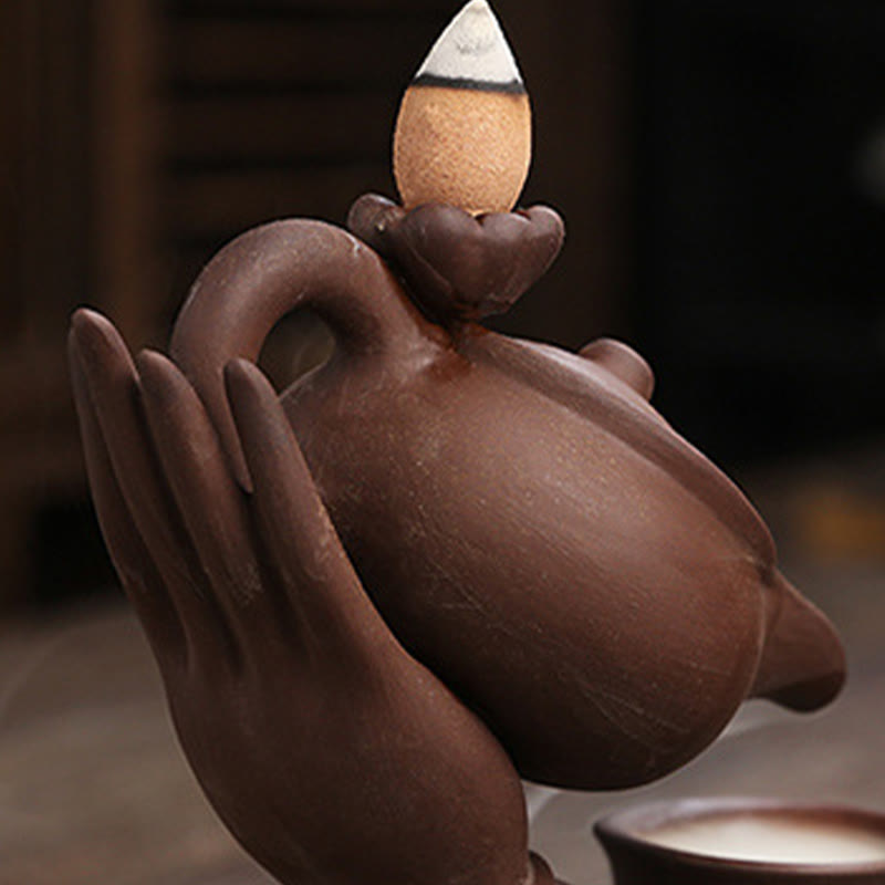 Nimara Ritual Buddha Hand Holding Teapot Cup Ceramic Backflow Smoke Fountain Healing Incense Burner Decoration