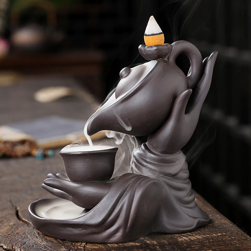 Nimara Ritual Buddha Hand Holding Teapot Cup Ceramic Backflow Smoke Fountain Healing Incense Burner Decoration