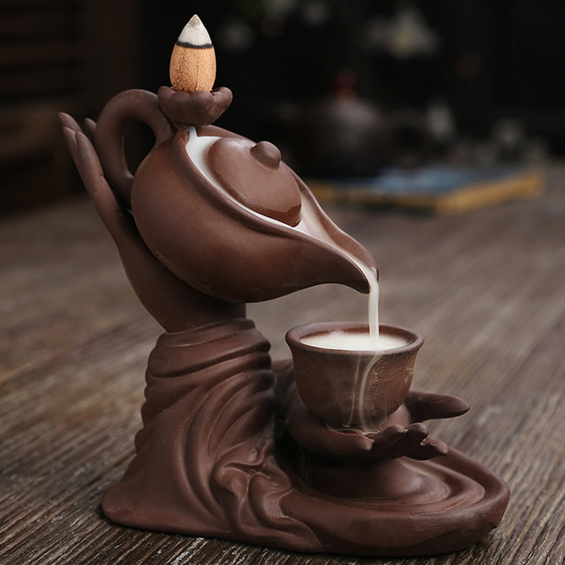 Nimara Ritual Buddha Hand Holding Teapot Cup Ceramic Backflow Smoke Fountain Healing Incense Burner Decoration