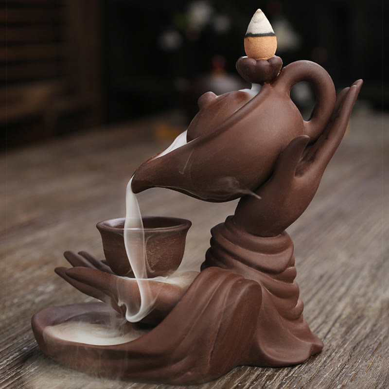 Nimara Ritual Buddha Hand Holding Teapot Cup Ceramic Backflow Smoke Fountain Healing Incense Burner Decoration