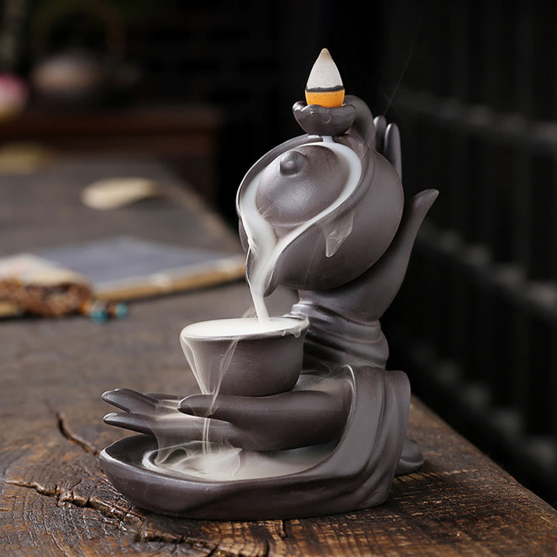 Nimara Ritual Buddha Hand Holding Teapot Cup Ceramic Backflow Smoke Fountain Healing Incense Burner Decoration