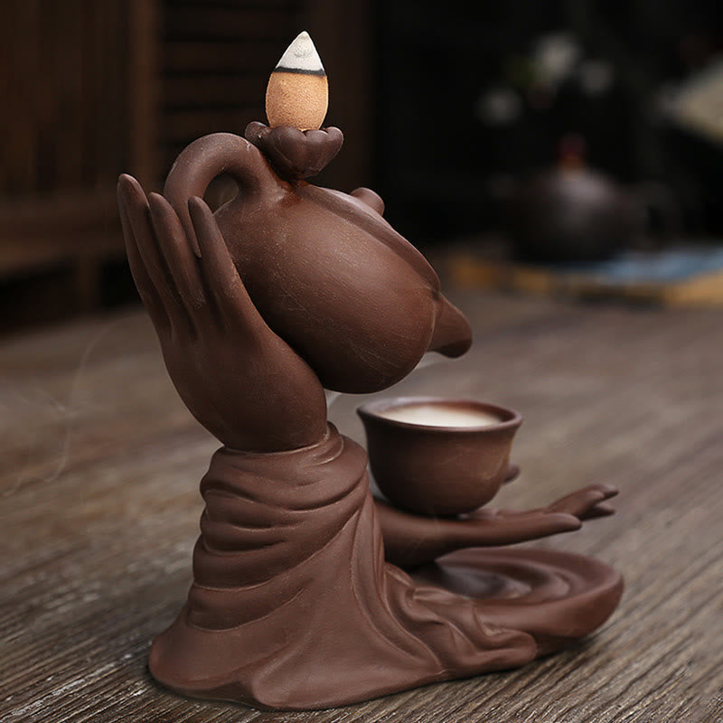 Nimara Ritual Buddha Hand Holding Teapot Cup Ceramic Backflow Smoke Fountain Healing Incense Burner Decoration