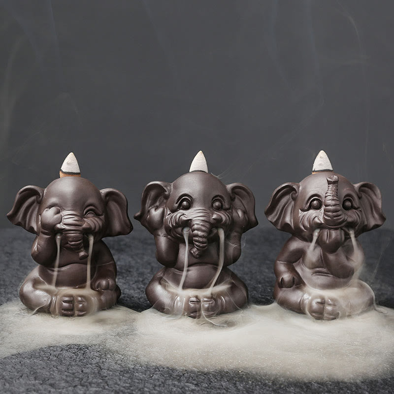 Nimara Ritual Cute Elephant Purple Clay Backflow Smoke Fountain Peace Healing Incense Burner Decoration