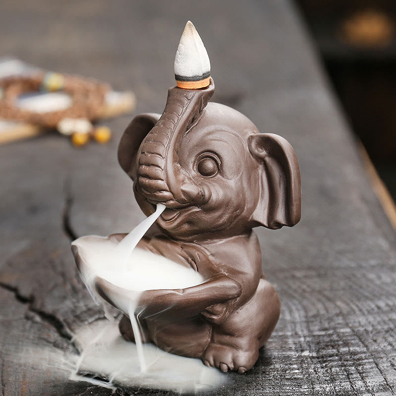 Nimara Ritual Little Elephant Holding Leaf Purple Clay Backflow Smoke Fountain Healing Incense Burner Decoration
