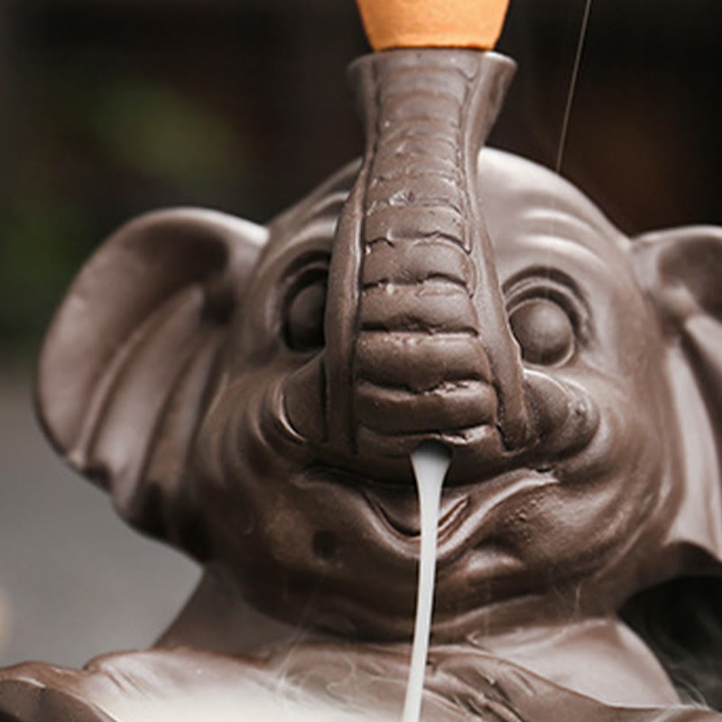 Nimara Ritual Little Elephant Holding Leaf Purple Clay Backflow Smoke Fountain Healing Incense Burner Decoration