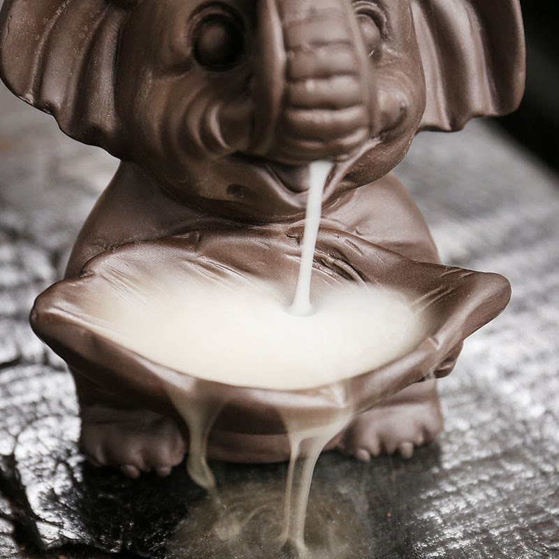 Nimara Ritual Little Elephant Holding Leaf Purple Clay Backflow Smoke Fountain Healing Incense Burner Decoration