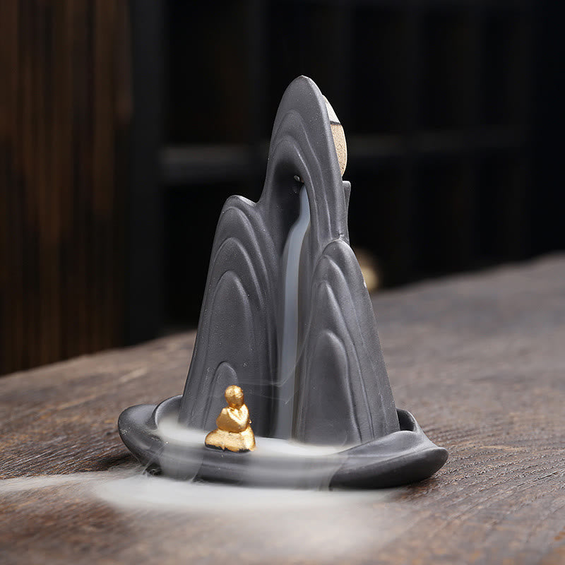 Nimara Ritual Little Monk Mountains Flowing Water Purple Clay Ceramic Healing Backflow Incense Burner Decoration