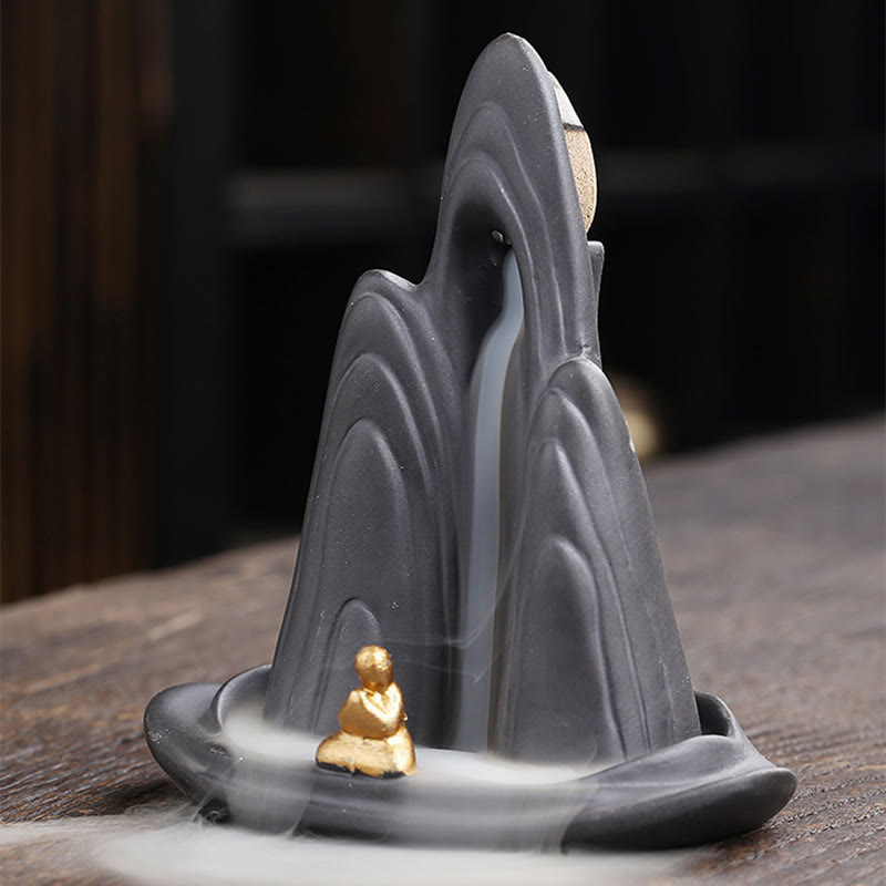 Nimara Ritual Little Monk Mountains Flowing Water Purple Clay Ceramic Healing Backflow Incense Burner Decoration