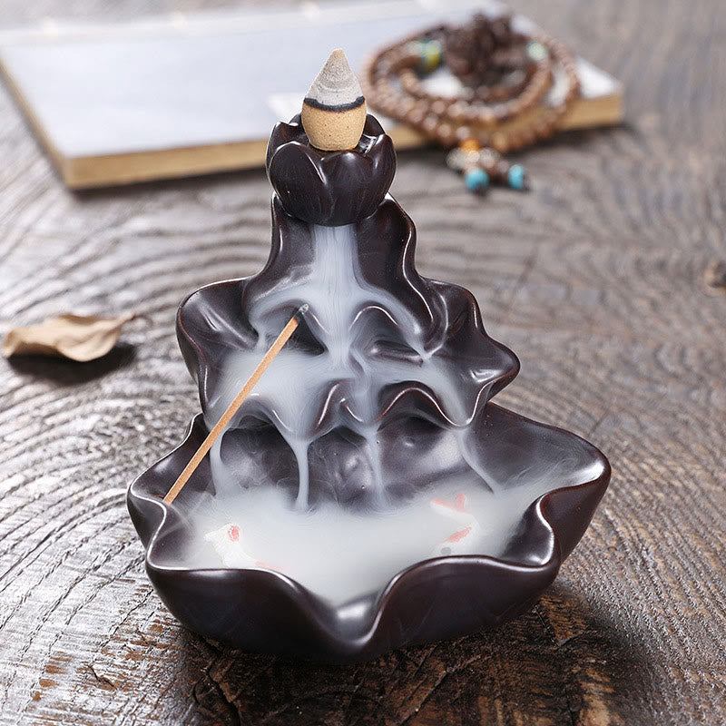 Nimara Ritual Lotus Leaf Koi Fish Ceramic Backflow Smoke Fountain Peace Incense Burner Decoration