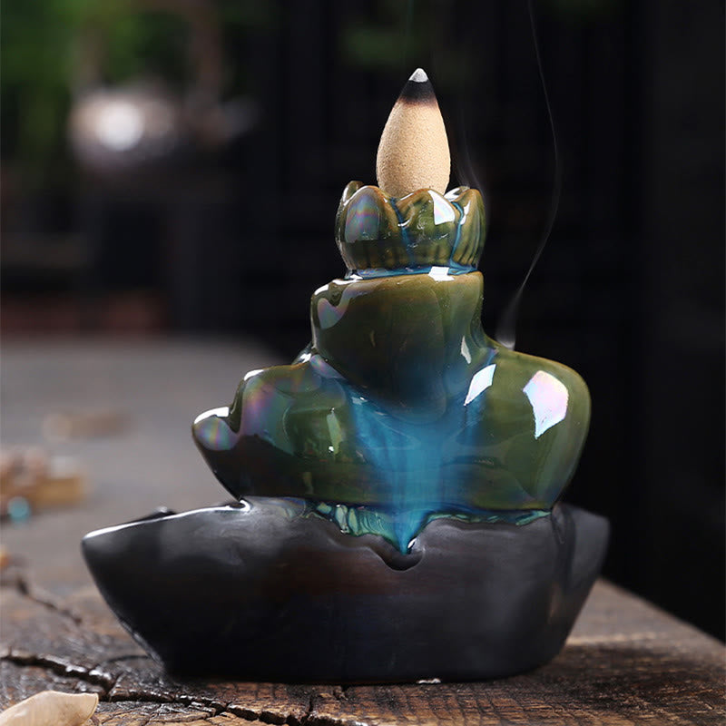 Nimara Ritual Lotus Leaf Koi Fish Ceramic Backflow Smoke Fountain Peace Incense Burner Decoration