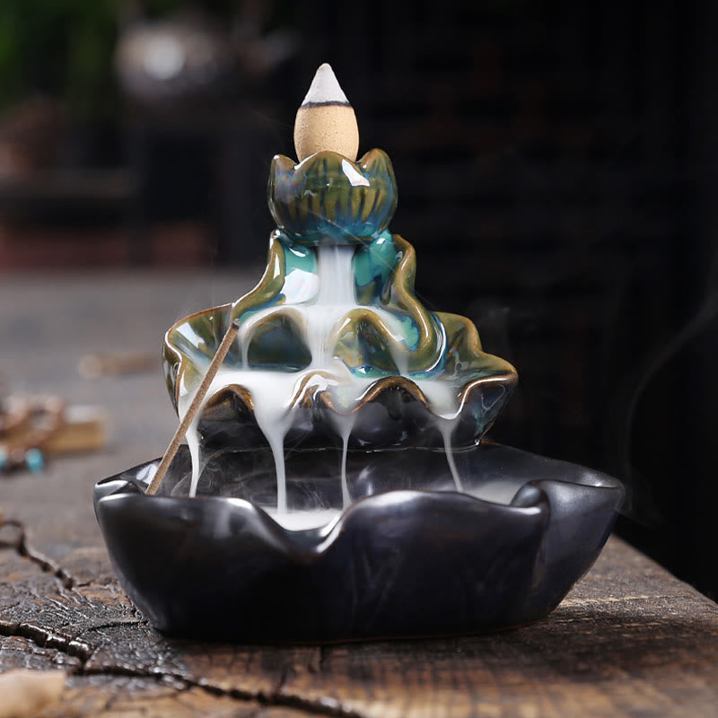 Nimara Ritual Lotus Leaf Koi Fish Ceramic Backflow Smoke Fountain Peace Incense Burner Decoration