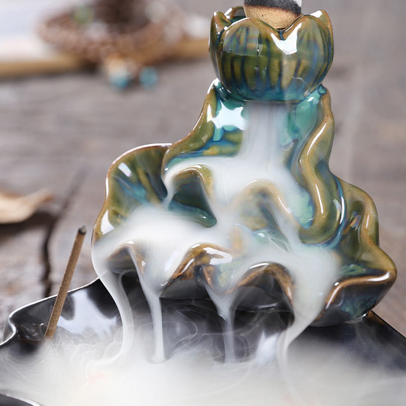 Nimara Ritual Lotus Leaf Koi Fish Ceramic Backflow Smoke Fountain Peace Incense Burner Decoration
