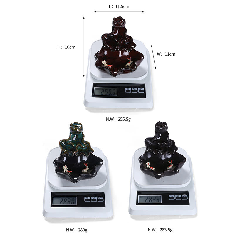 Nimara Ritual Lotus Leaf Koi Fish Ceramic Backflow Smoke Fountain Peace Incense Burner Decoration