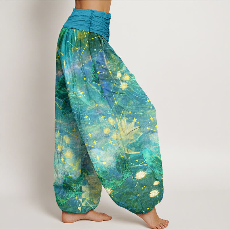 Nimara Ritual Cotton Koi Fish Lotus Moon Stars Pattern Women's Elastic Waist Harem Pants