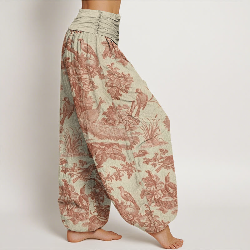 Nimara Ritual Cotton Birds Trees Branches Pattern Women's Elastic Waist Harem Pants