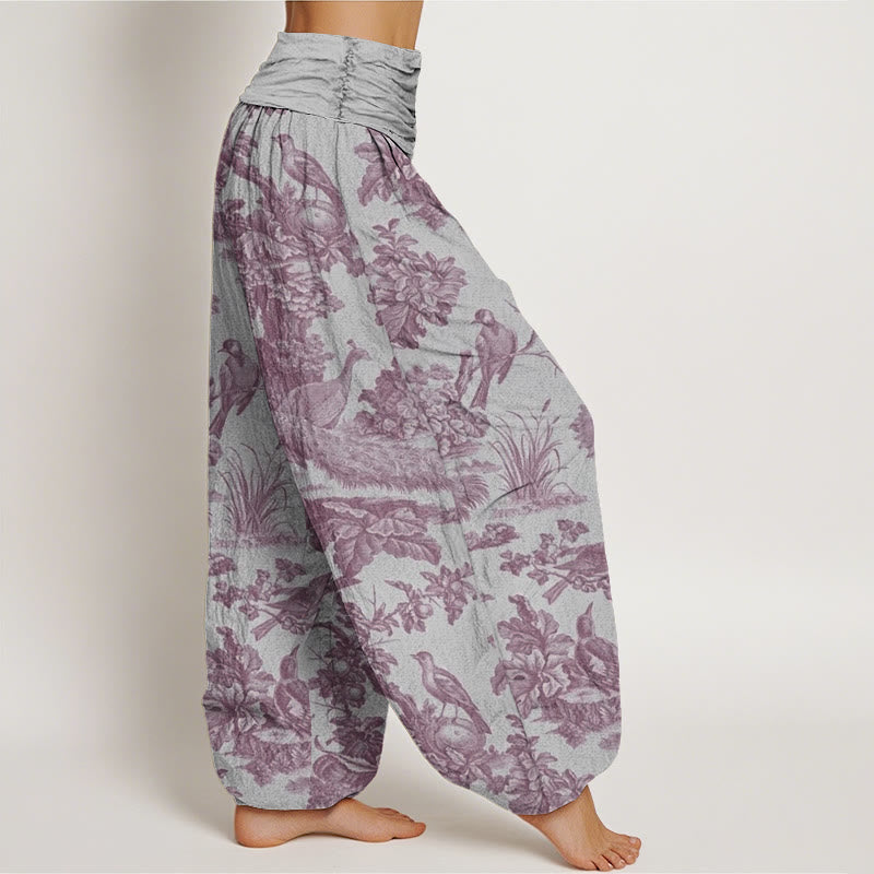 Nimara Ritual Cotton Birds Trees Branches Pattern Women's Elastic Waist Harem Pants