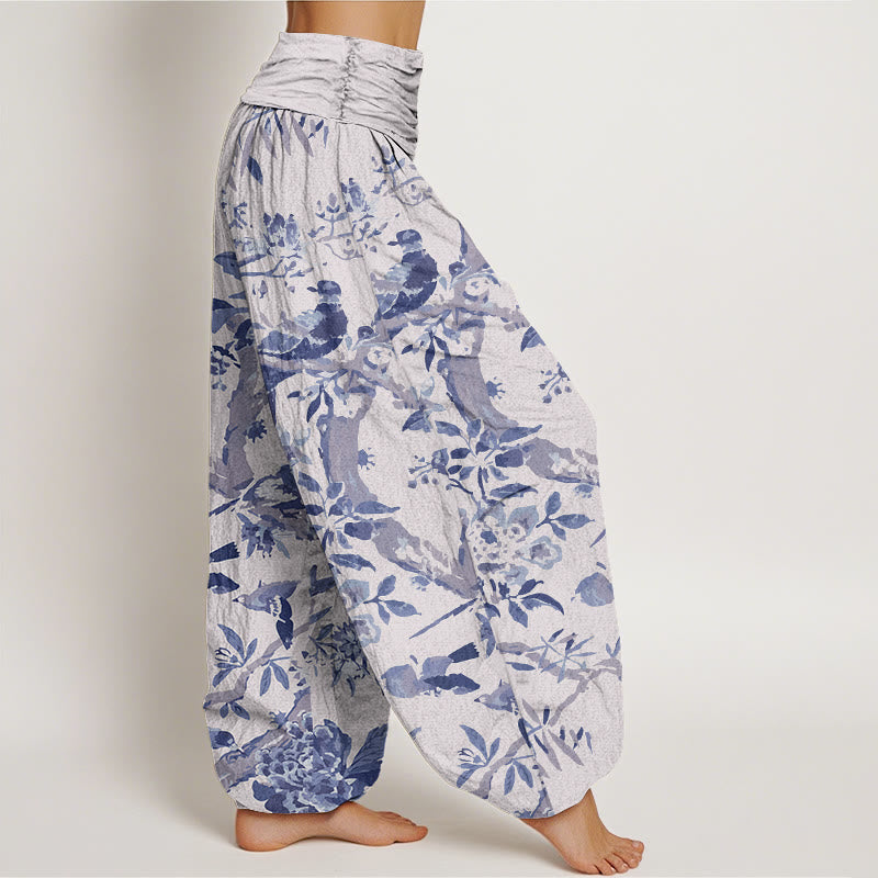 Nimara Ritual Cotton Birds Branches Flowers Pattern Women's Elastic Waist Harem Pants