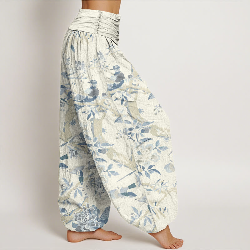 Nimara Ritual Cotton Birds Branches Flowers Pattern Women's Elastic Waist Harem Pants