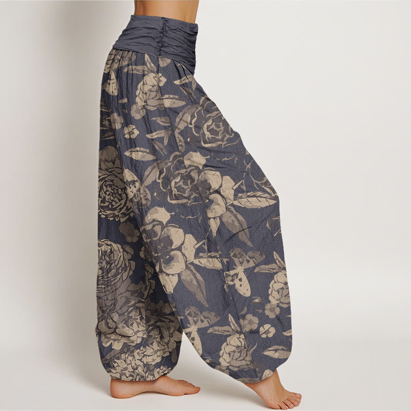 Nimara Ritual Cotton Casual Peony Flowers Leaves Women's Elastic Waist Harem Pants